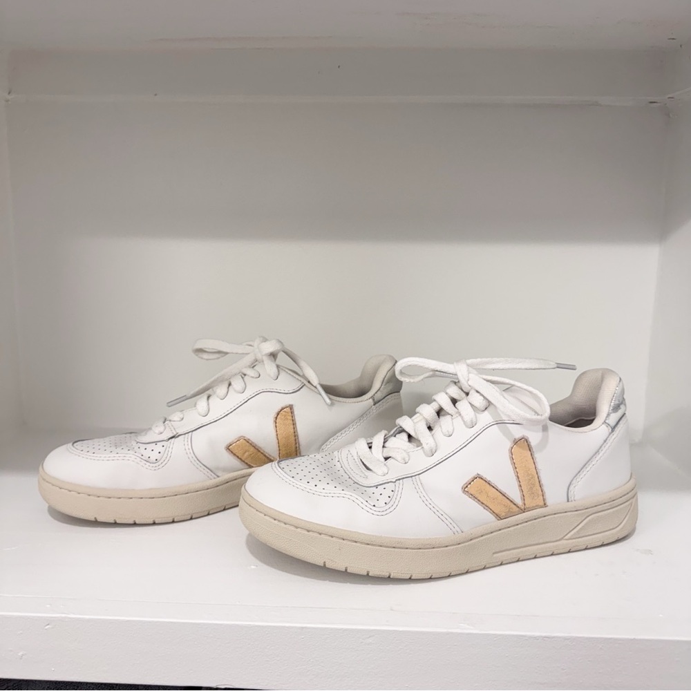 VEJA leather sneakers.  White/gold